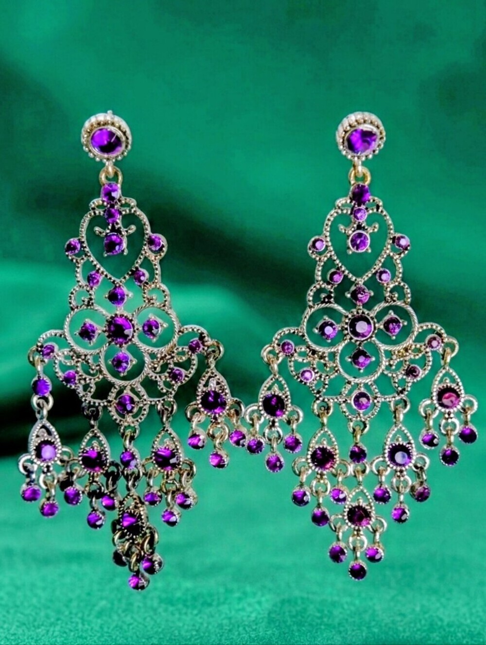 Vintage Silver-Tone Chandelier Earrings with Purple Rehinestones